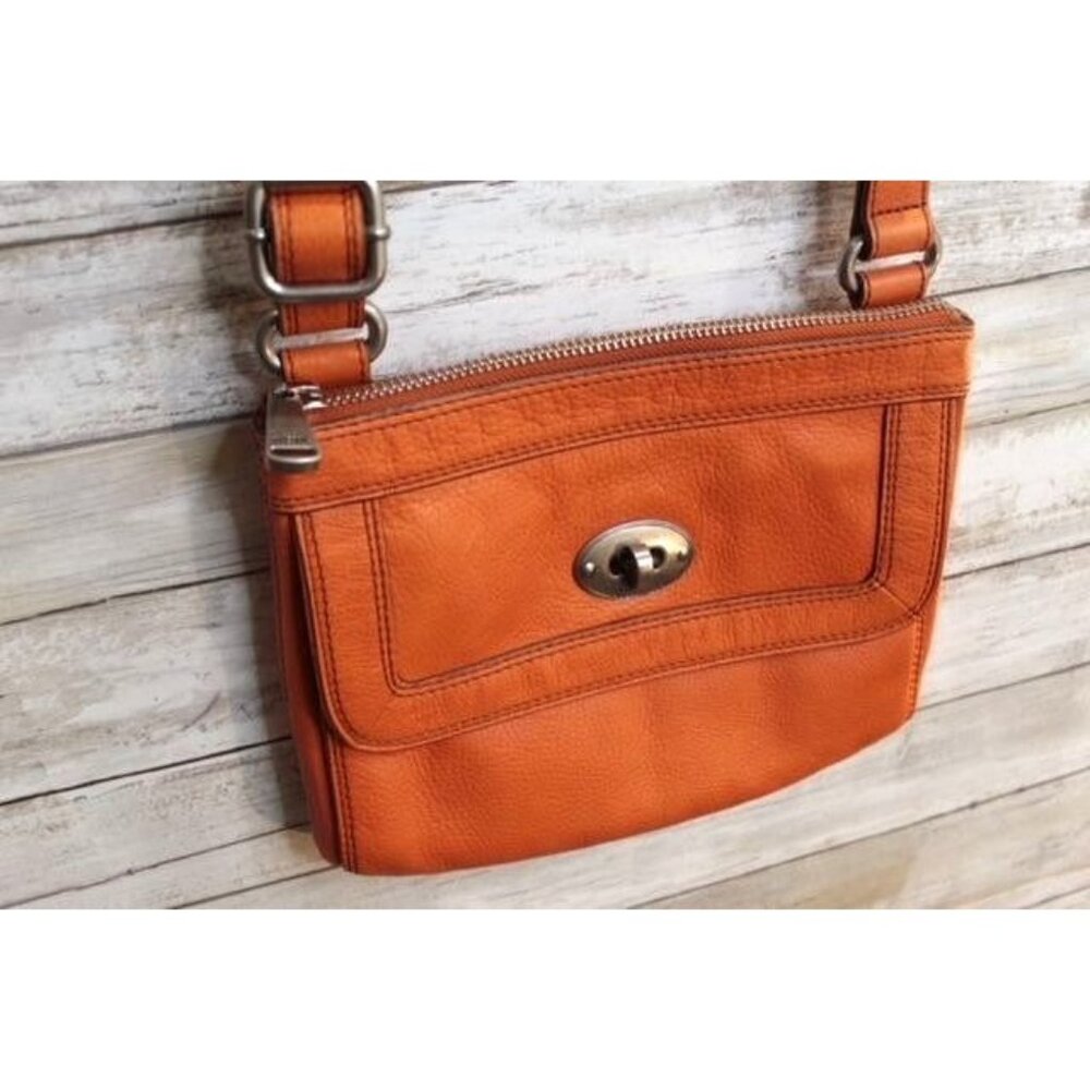 Orange Fossil Leather Crossbody Bag with Front Turn Lock Pocket